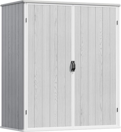 Devoko 5x3 Resin Outdoor Storage Shed with Floor, Waterproof Plastic Outdoor Tool Cabinet with Lockable Doors for Lawn Backyard Garden, Light Gray