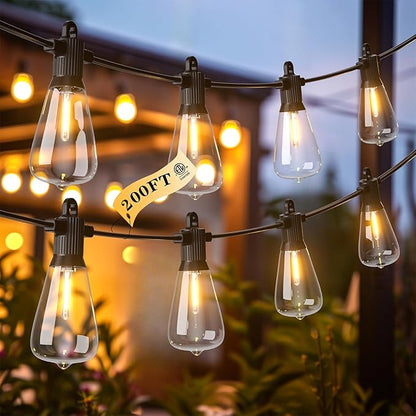 Kawaya 200FT LED Outdoor String Lights, Dimmable Waterproof Shatterproof Vintage Patio Lights with 100+4 Bulbs, Commercial Grade for Backyard, Garden, Bistro, Cafe & Party