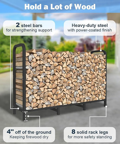 4ft Firewood Rack Holder with Cover, Adjustable Heavy Duty Fire Log Stacker Stand for Fireplace, Outdoor Indoor Metal Wood Pile Storage Organizer, Patio Logs Stand tool, Black