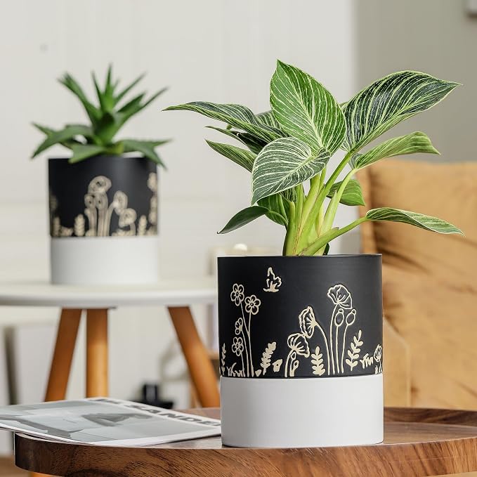 Nihow Self Watering Pots for Indoor Plants,6 Inch,Black,Hand Painting | Ceramic Planter, Drainage Hole & Water Storage Plus, Cylinder Round Flower Pot, For Succulent/Herbs/Violets