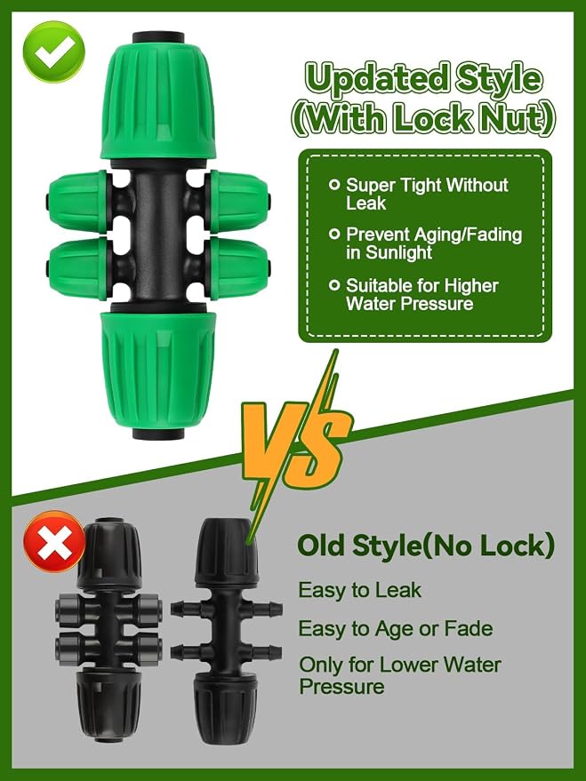 Kalolary 20PCS Locked Barbed Tee Connectors, 1/2” to 1/4” Drip Irrigation Fittings Kit 12/16mm to 4/7mm Tube Lock Female Connector 6-Way Barbed Lock Irrigation Parts for Watering System (Green)