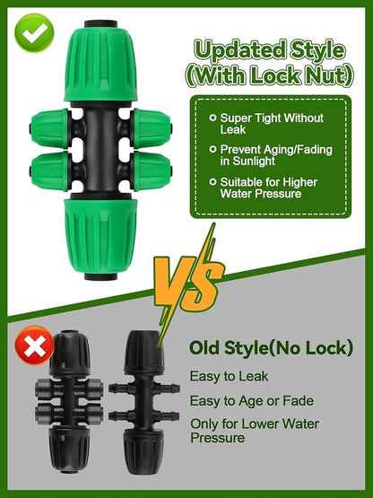 Kalolary 20PCS Locked Barbed Tee Connectors, 1/2” to 1/4” Drip Irrigation Fittings Kit 12/16mm to 4/7mm Tube Lock Female Connector 6-Way Barbed Lock Irrigation Parts for Watering System (Green)