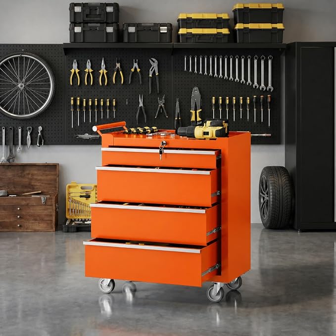 IDEALHOUSE Rolling Tool Chest, 5 Drawers Tool Storage Cabinet, Toolbox with Wheels, Portable Tool Cabinet Organizer with Locking System & Drawer Liners, Tool Storage Cart for Garage, Workshop, Orange