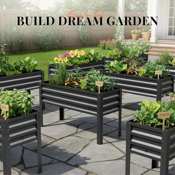KING BIRD Raised Garden Bed with Legs & Water Storage Tank Galvanized Elevated Planter Box 48×17×31.5 in for Backyard, Patio, Balcony, 300lb Capacity, Dark Grey