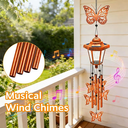 Butterfly Solar Wind Chimes for Outside, Birthday Gifts for Mom Women Grandma Mother's Day Memorial, 34-Inch Windchimes with Wind Spinner, Outdoor Hanging Solar Lights Waterproof Yard Garden Decor