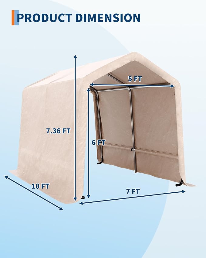 GarveeLife Outdoor Portable Storage Shed with Roll-Up Door & Vent, 240G Heavy-Duty Shelter Waterproof PE Tarp, UV-Resistant Storage Sheds for Motorcycle, Firewood, Garden and Tools (Khaki, 7'x10')