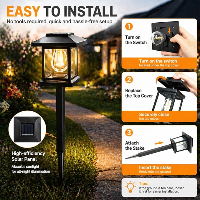 14-Pack Solar Pathway Lights - High-Efficiency Polycrystalline Panels for All-Night Glow - IP65 Waterproof Outdoor Landscape Lighting for Garden, Walkway & Driveway Security (Black)