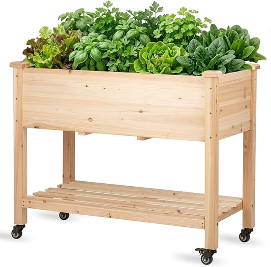 Raised Garden Bed with Lockable Wheels, 40x24x32 inch Elevated Wood Planter with Storage Shelf Protective Liner for Vegetable Flower Herb Outdoor Balcony Patio Backyard, Natural