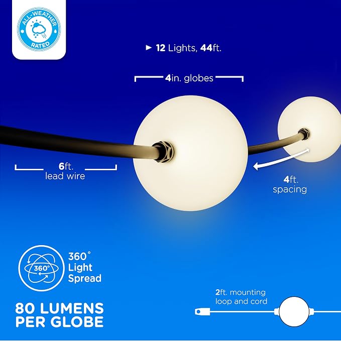Enbrighten Globe Outdoor String Lights, 44ft, 12 Lights, White Light Only | 2700K Warm White LEDs, 4in Durable Plastic Globes, Weatherproof, Zip Ties Included for Mounting