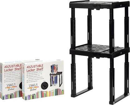 Tools-for-School Height & Width Adjustable Locker Shelf - Strong ABS Plastic - Width Adjusts from 8"-12.5" & Height Adjusts from 10"-14" - Patented Design - BEWARE OF CHEAP IMITATIONS - 2 Pack (Black)