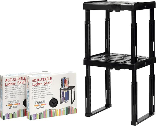 Tools-for-School Height & Width Adjustable Locker Shelf - Strong ABS Plastic - Width Adjusts from 8"-12.5" & Height Adjusts from 10"-14" - Patented Design - BEWARE OF CHEAP IMITATIONS - 2 Pack (Black)