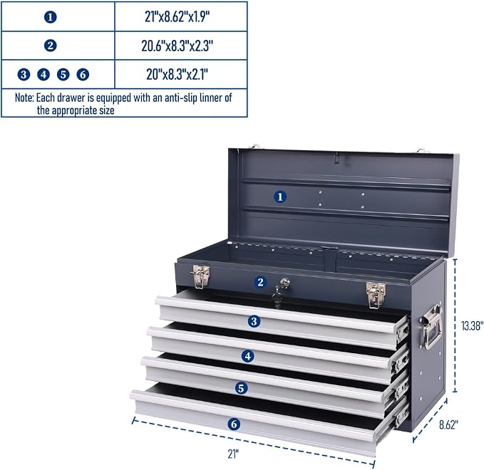 4 Drawers Metal Tool Box, 21'' Portable Metal Tool Box with EVA Liners & Auto-Locking Mechanism, Heavy Duty Steel Tool Chest with Ball-Bearing Drawer Slides & Convenient Top Handle, Grey