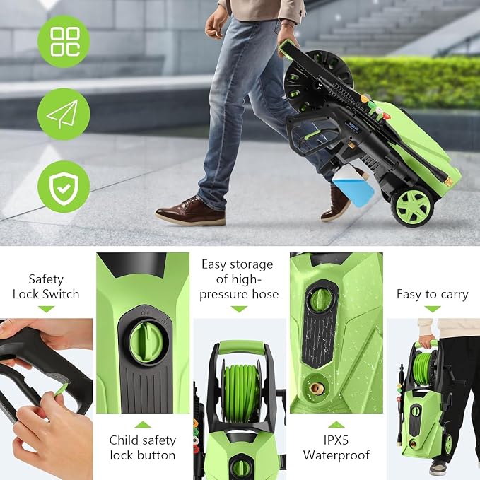 Electric Pressure Washer 5000 PSI,4GPM Power Washer with Foam Cannon,Portable Cleaner with 33ft Hose Reel,4 Nozzle Tips,and Soap Bottle for Cars/Home/Driveways/Patios/Decks/Fences (Green)