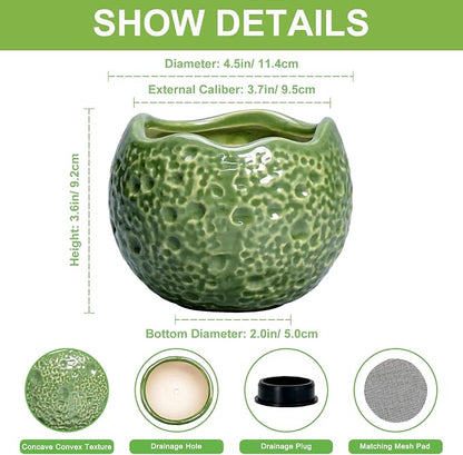 Ceramic Plant Pots - 4 inch Plant Pot with Drainage Hole, Small Pots for Plants Indoor Outdoor, Unique Round Planter, Modern Decorative Flower Pot, Room Decor, House Warming Gifts, Green