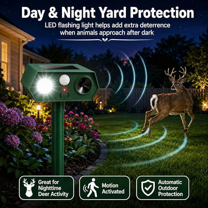 2026 Sonic Fortress Pro Deer Repellent Device,4Pack Solar Ultrasonic Animal Repellent with Motion Sensor&Flash Light for Squirrel Raccoon Rabbit Repellent for Flower Bed,Plants,Vegetables Yard(4 Pack)