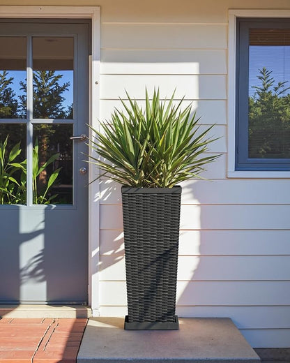 Greesum Set of 2 Tall Plastic Planters with Saucer, 30 Inch Large Pots with Drainage Trays, Weather-Resistant Plastic Plant Containers for Patio, Porch, Garden,Black