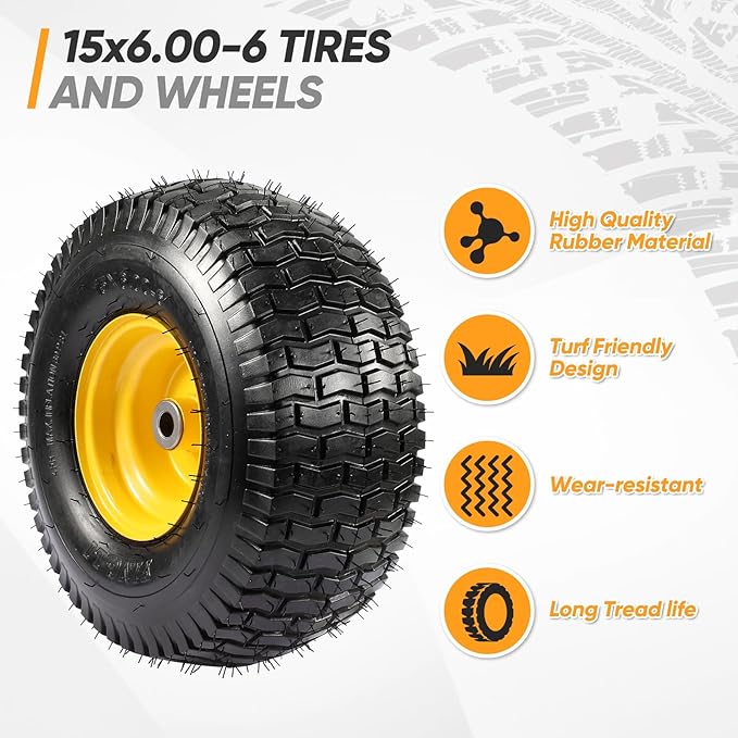 2PCS 15x6.00-6 Tire and Wheel Assembly, 4 Ply Tubeless 15x6-6 Front Tire Assembly Replacement for Craftsman John Deere Husqvarna Riding Mowers, 500lbs Capacity, 3" Centered Hub, 3/4" Bushing