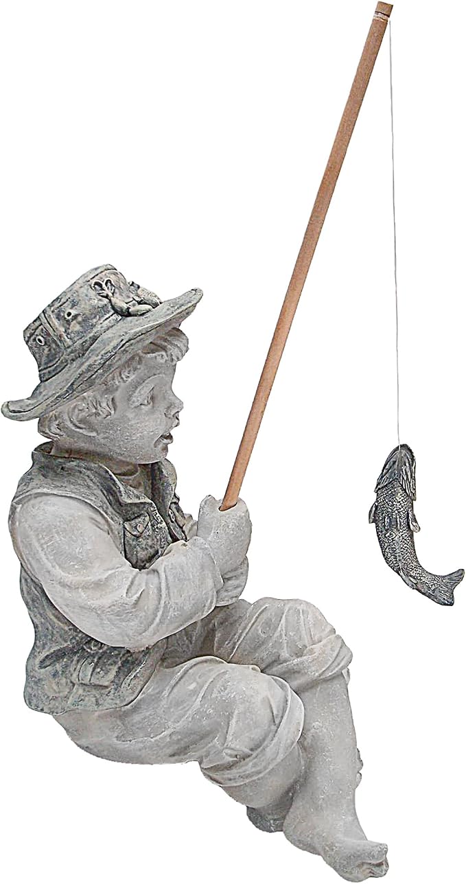 Design Toscano Frederic the Little Fisherman of Avignon Boy Fishing Garden Statue, 15 Inch Tall, Cast Stone Resin, Two Tone Stone Finish