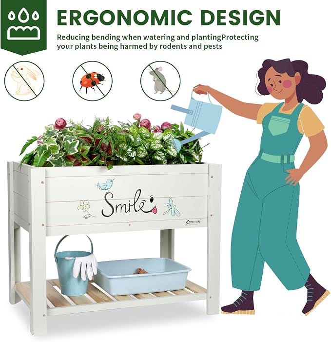 Raised Garden Bed for Kids - 30”L*18”W*24”H Elevated Wooden Planter Box Stand, Backyard, Patio, Balcony w/Bed Liner, 180lb Capacity (Green)