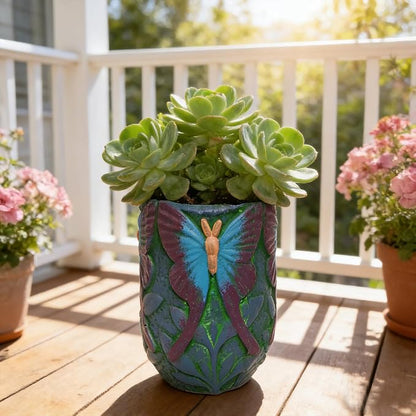 6.3 inch Green Ceramic Flower Pot with Butterfly Patterns,Indoor Outdoor Planter for Succulents Plants, Modern Home Garden Decor