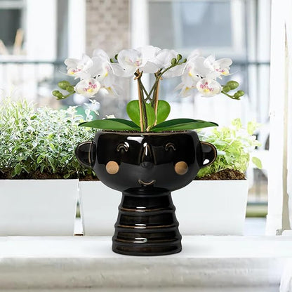 Face Planter - 7 Inch Ceramic Head Planters for Indoor Plants Outdoor, Cute Succulent Pots with Drainage Hole, Decorative Plant Pot, Home Office Room Decor, Black