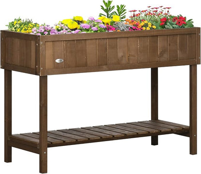Outsunny 43x18x30in Raised Garden Bed with 8 Pockets and Shelf, Wooden Elevated Planter Box with Legs to Grow Herbs, Vegetables, and Flowers, Dark Brown