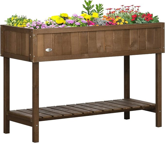 Outsunny 43x18x30in Raised Garden Bed with 8 Pockets and Shelf, Wooden Elevated Planter Box with Legs to Grow Herbs, Vegetables, and Flowers, Dark Brown