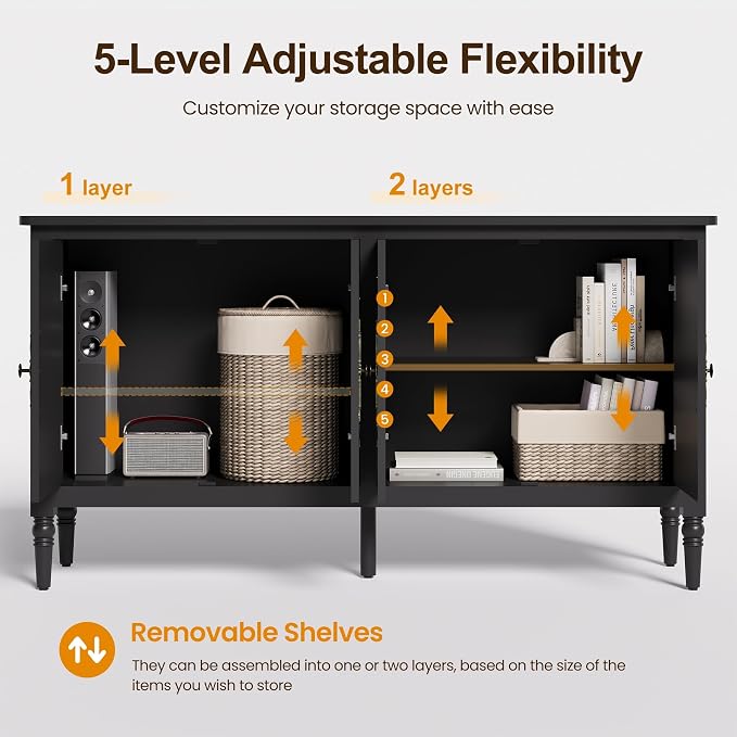 RoyalCraft 118" Buffet Cabinet with Storage, Vintage Sideboard with Adjustable Shelves, Mid Century Modern Painted Credenza Coffee Bar for Kitchen, Dining Room, Entryway, Living Room, Satin Black