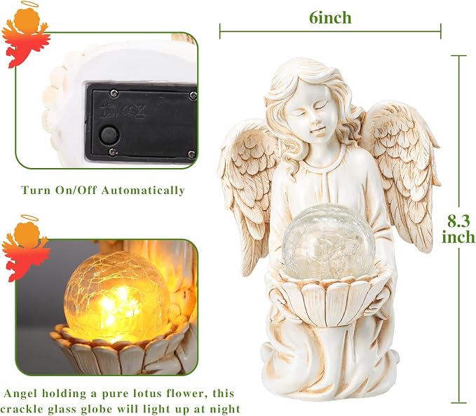 Angel Statue Outdoor Decor, Angel Garden Statues Holding Lotus Flower with Crackle Glass Globe Solar LED Lights Yard Decorations Lawn Ornaments Figurines for Outside or Gardening Gifts