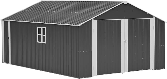 KEIKI 12x20 FT Outdoor Metal Storage Shed Garage with Double Doors, Large Capacity Steel Utility Shed for Vehicle Equipment and Garden Tool Storage, Weather Resistant Backyard Shed