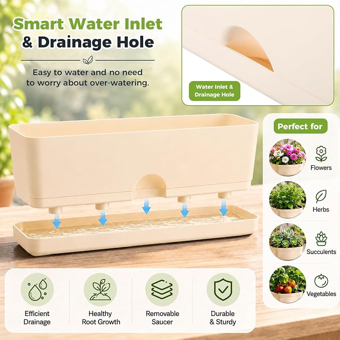 6 Pack Rectangle Planter 16x4.4 Inch Window Boxes Planters Rectangular Large Window Sill Planters Indoor Self Watering Plant Pots with Drainage Holes and Saucers Succulent Herb Flower Pots, Beige