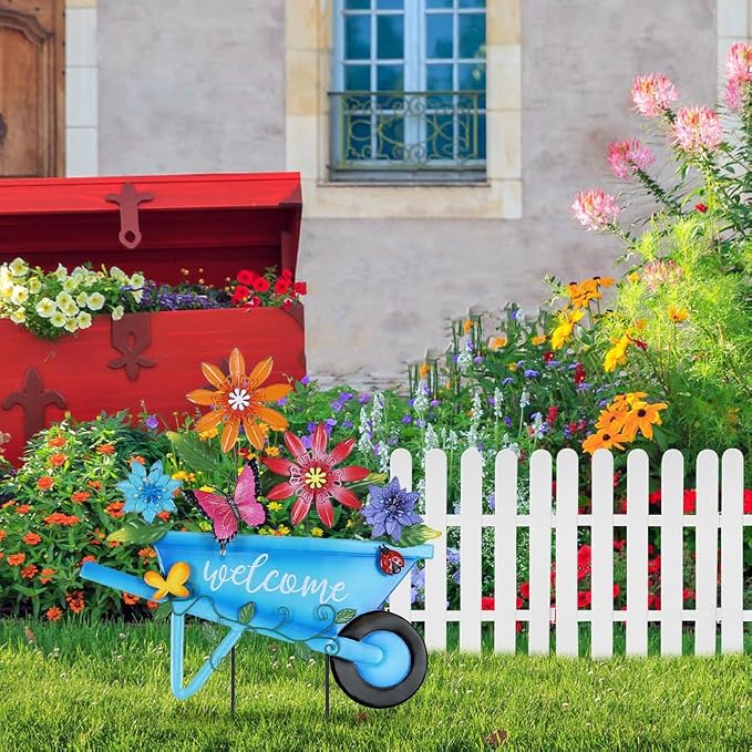 YEAHOME Garden Decor for Outside, 25” Decorative Garden Stakes Metal Wheelbarrow with Flowers for Spring Decor, Butterfly Cart Welcome Yard Signs for Outdoor Lawn Backyard Porch Pathway Decorations