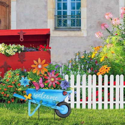 YEAHOME Garden Decor for Outside, 25” Decorative Garden Stakes Metal Wheelbarrow with Flowers for Spring Decor, Butterfly Cart Welcome Yard Signs for Outdoor Lawn Backyard Porch Pathway Decorations