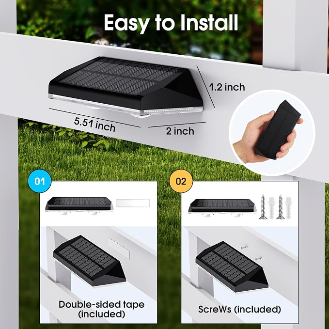 Solar Fence Lights Outdoor, Warm White & RGB Combo 8 Modes Color Changing Fence Lights Solar Powered for Outside, LED IP65 Waterproof Solar Patio Light for Step, Pathway, Garden, Deck, Stairs - 8 Pack