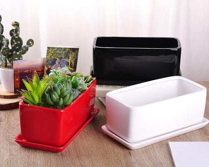 VanEnjoy 10 Inch Red Rectangle Ceramic Succulent Planter Pot Decorative Cactus Plant Pot Flower Container with Ceramic Tray