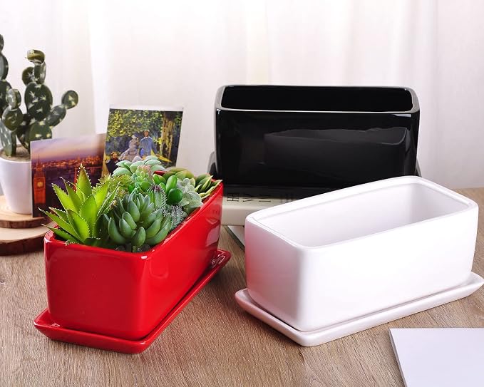 VanEnjoy 10 Inch Black Rectangle Ceramic Succulent Planter Pot Decorative Cactus Plant Pot Flower Container with Ceramic Tray