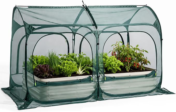 PORAYHUT All-in-One Raised Garden Bed and Crop Cage Net Kit, Metal Outdoor Planter Box with Protective Mesh Greenhouse Cover for Backyard Vegetables, Herbs, Flowers (6.56 * 3.3FT Raised Bed &Net)