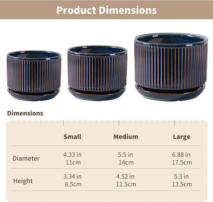 SURE YUESI Ceramic Plant Pots Set of 3, Indoor Outdoor Planters with Drainage Hole and Saucer, Ceramic Flower Pots for Indoor Plants, 4.3+5.5+6.8 Inch, Home, Garden, Patio and Office, Glossy Blue