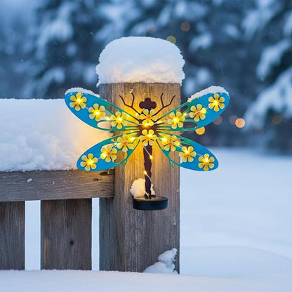 Metal Dragonfly Outdoor Wall Decor with 30 Led Solar Lights- 13.9" Outdoor Fence Wall Art Decor, Gift for Mom Grandma Women Birthday Gardening,Hanging Decoration for Garden Patio Porch Yard