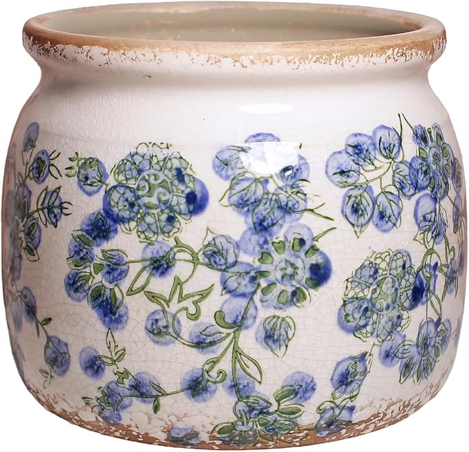 Ceramic Planters Spring Decor, 6.3in Country Cottage Plant Pots with Drainage Hole for Indoor Plants & Succulent, Vintage Crackle Glaze Finish Flower Vase, Home Decor Gifts, Deep Blue Floral