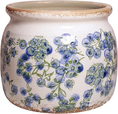Ceramic Planters Spring Decor, 6.3in Country Cottage Plant Pots with Drainage Hole for Indoor Plants & Succulent, Vintage Crackle Glaze Finish Flower Vase, Home Decor Gifts, Deep Blue Floral