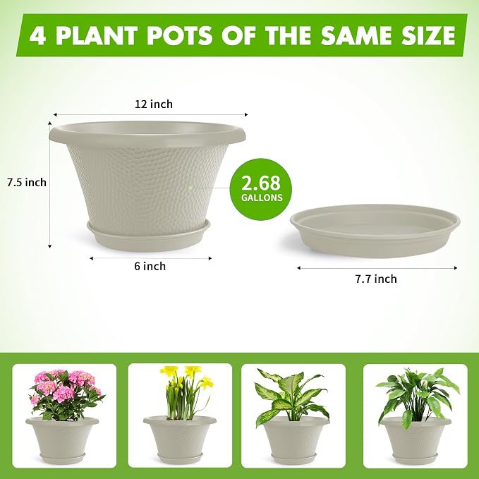 Quarut 12 Inch Pots for Plants,4 Pack Large Flower Pots with Saucer | Modern Planters for Indoor Outdoor Plants,Decorative Resin Garden Pots with Drainage Holes(Beige)