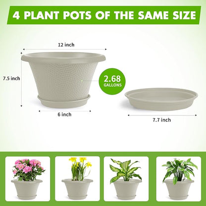 Quarut 12 Inch Pots for Plants,4 Pack Large Flower Pots with Saucer | Modern Planters for Indoor Outdoor Plants,Decorative Resin Garden Pots with Drainage Holes(Beige)