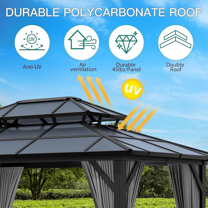 GAOMON 10'x12' Hardtop Gazebo with Polycarbonate Double Roof, Durable Aluminum Frame, Weatherproof & UV Protection for Garden, Patio, Lawn
