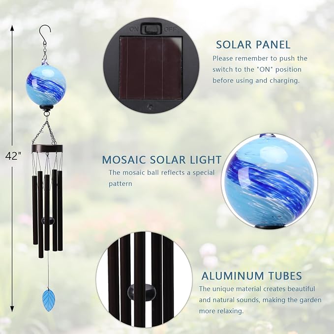 MUMTOP Solar Wind Chime for Outsides, 35" Glass Windchimes with Solar LED Lights Decorative Hanging Wind Bell for Porch Patio and Garden Decor, Blue