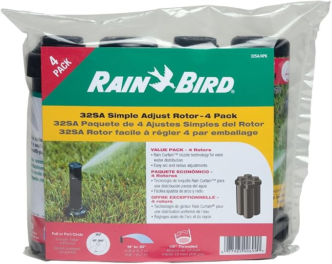 Rain Bird 32SA/4PKS Simple Adjust 32SA Gear Drive Rotor, Adjustable 40° - 360° Pattern, 19' - 32' Spray Distance, 16-Pack