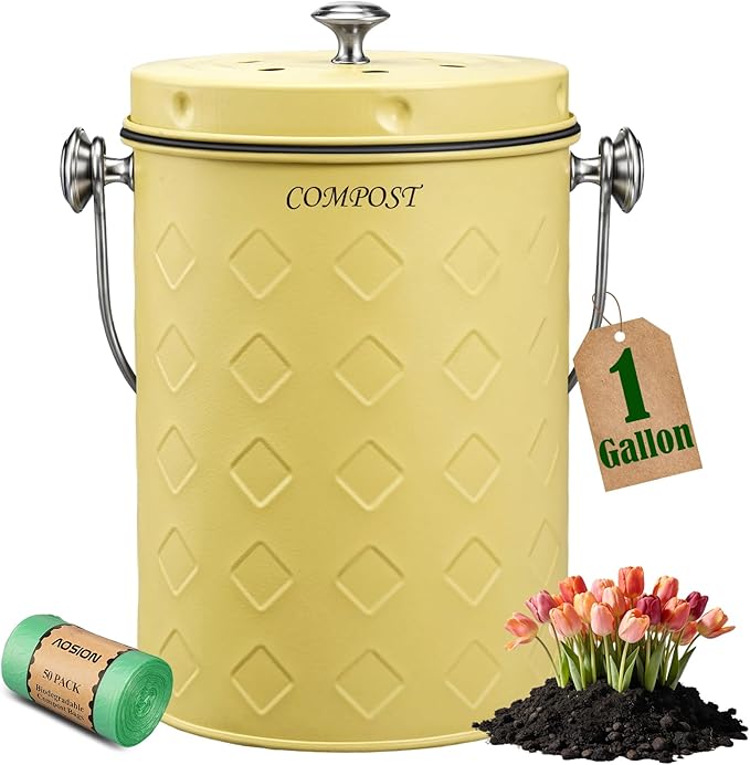 AOSION Countertop Compost Bin Kitchen,Odorless Indoor Compost Bin with Lid | 1 Gallon Composter Container,Removable Inner Bucket,50 Compost Bags,2 Carbon Filters,ideal for food scraps,coffee grounds