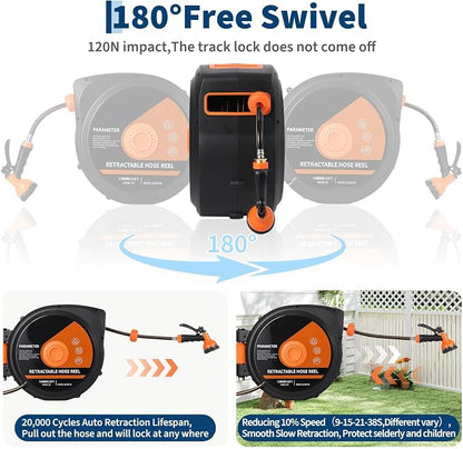 1/2 in x 65 ft Retractable Garden Hose Reel, Wall Mounted, 9-Function Nozzle, Any Length Lock, 180° Swivel, Auto Slow Rewind for Watering Lawn, Washing Car, Cleaning Patio