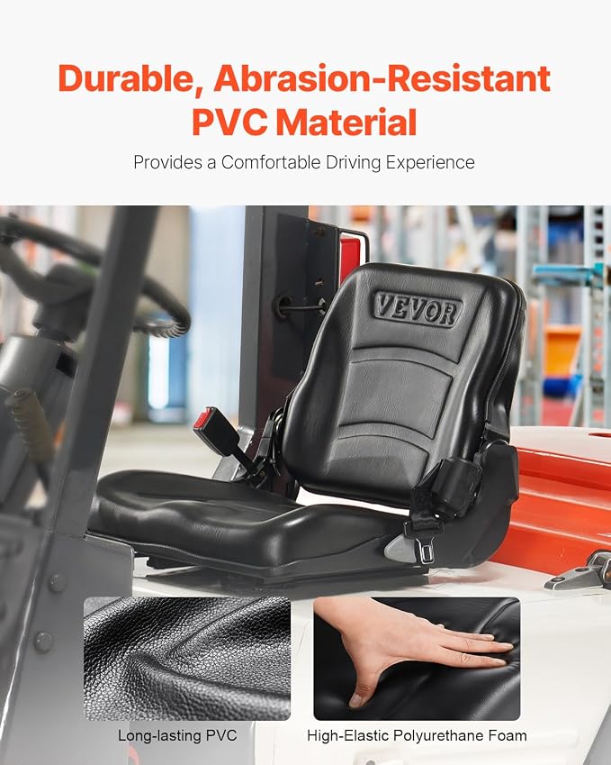 VEVOR Universal Forklift Seat, Tractor Seat with Adjustable Backrest & Safety Belt, Secure Micro Switch Design, Wear-Resistant PVC Mower Seat for Tractor Excavator, Skid Loader