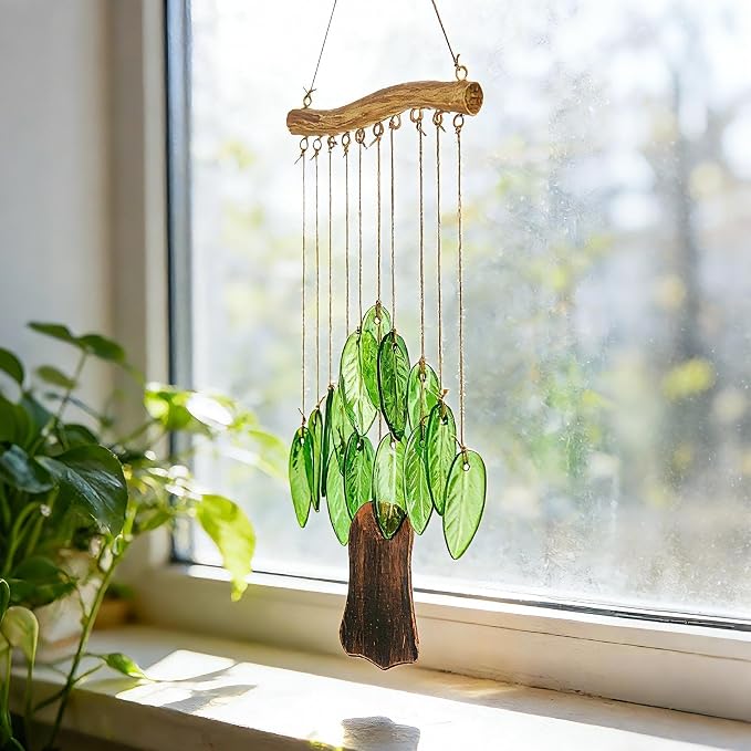 YU FENG Glass Wind Chime, Green Leaf Hanging Decor for Garden & Patio | Handcrafted leaf design, iron wood-look hanging bar, metal chime accents, window hanging ornament, outdoor home decoration